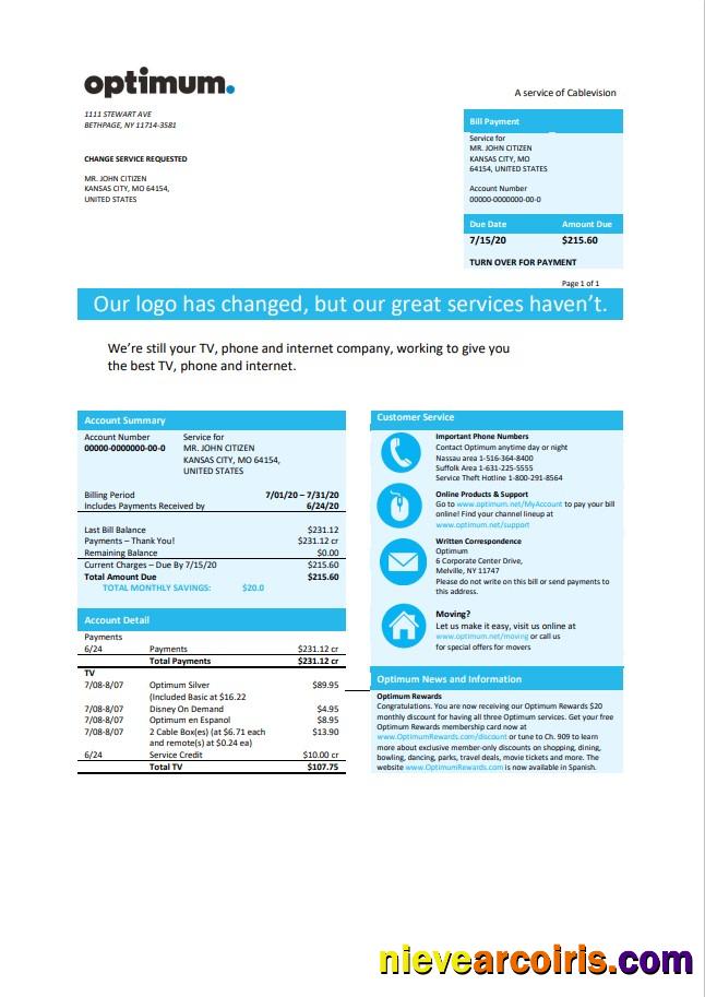 USA New York Optimum cablevision bill